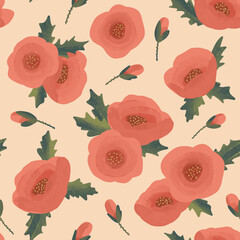 Seamless pattern with hand drawn red poppies on a beige background