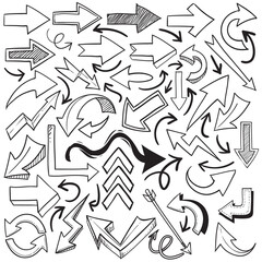Hand drawn doodle of arrow icon set collection, simple black outline on white, cartoon sketch theme vector