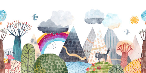 Mountain landscape, hills, trail, lonely wolf, lake, balloon and clouds. Watercolor illustration. Children's poster. Horizontal seamless pattern. © bukhavets