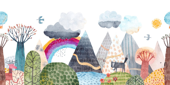 Mountain landscape, hills, trail, lonely wolf, lake, balloon and clouds. Watercolor illustration. Children's poster. Horizontal seamless pattern.