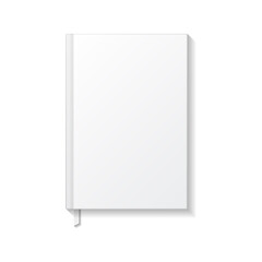 Blank white book or notebook with white ribbon bookmark top view mockup template.