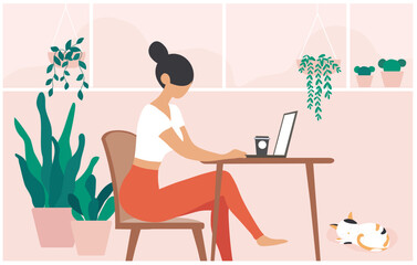 Woman working online and drinking coffee at home vector illustration. Work from home, working online, freelance  and new normal concept