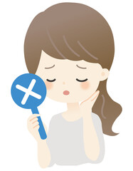 ばつマークを持つ女性（主線なし・悩み）