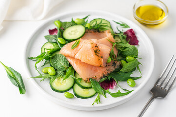 Salmon salad with cucumber, spinach, mizuna salad, radicchio. Healthy food, diet. Salted salmon in modern plate on white background 
