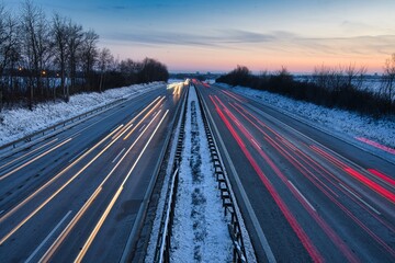 Befahrene Autobahn mit Langzeitbelichtung aufgenommen mitten in Deutschland bei Sonnenuntergang.