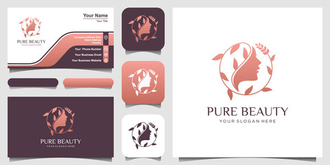 woman face with leaf style stylized silhouette, beauty salon logo design.