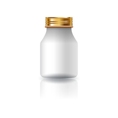 Blank white round supplements, medicine bottle with gold screw lid for beauty or healthy product.