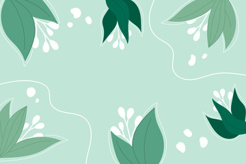 Fototapeta na wymiar Modern spring botanical background with dark green and light green leaves,white flowers.Floral background with space for text. Floral banner template.