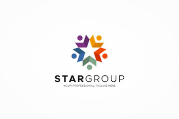 Abstract People Group Logo. Colorful Geometric Shapes with Negative Space Five Star Icon inside isolated on White Background. Flat Vector Logo Design Template Element for Business and Teamwork Logos.