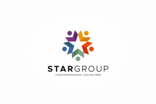 Abstract People Group Logo. Colorful Geometric Shapes with Negative Space Five Star Icon inside isolated on White Background. Flat Vector Logo Design Template Element for Business and Teamwork Logos.