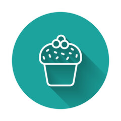 White line Cake icon isolated with long shadow background. Happy Birthday. Green circle button. Vector.