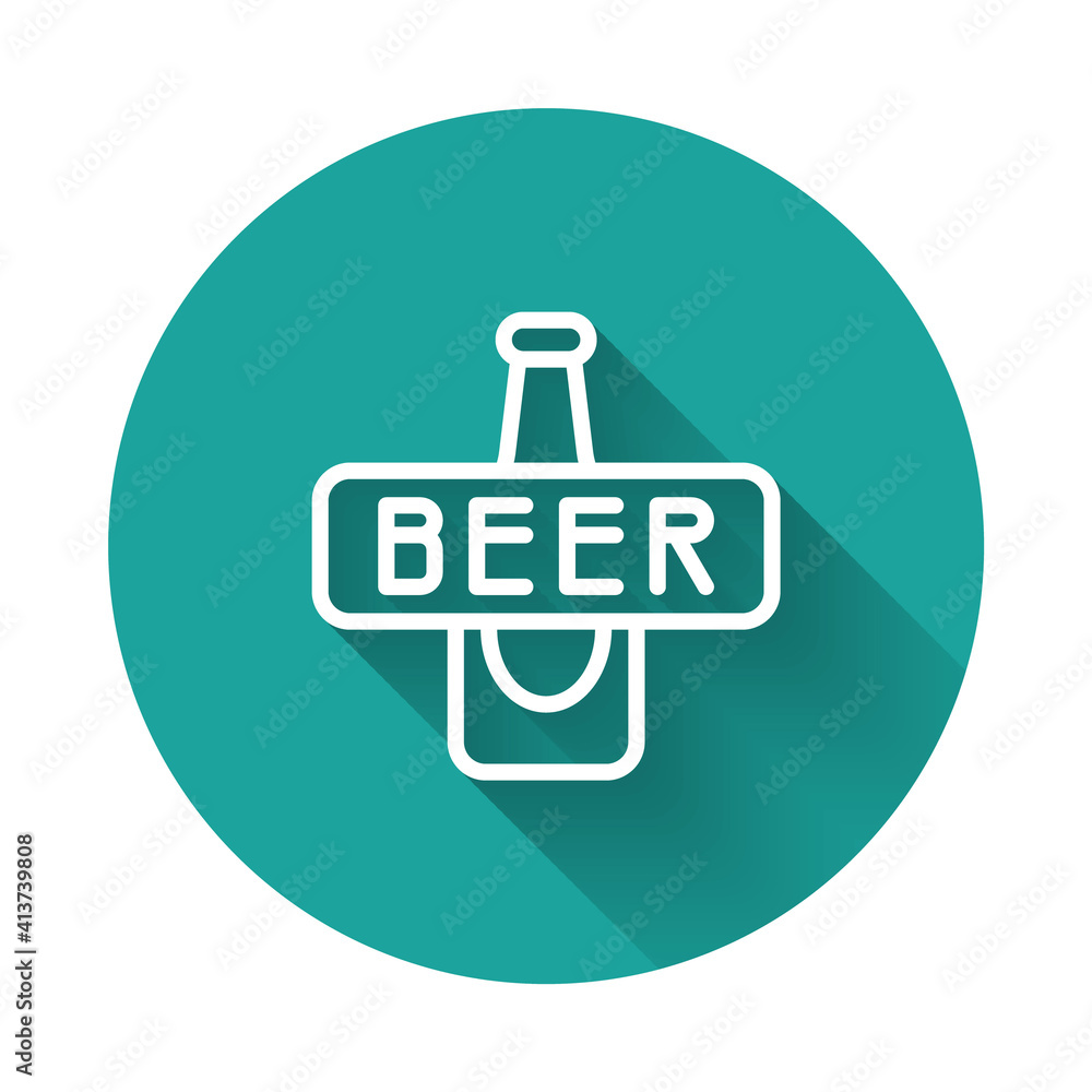 Poster white line beer bottle icon isolated with long shadow background. green circle button. vector.