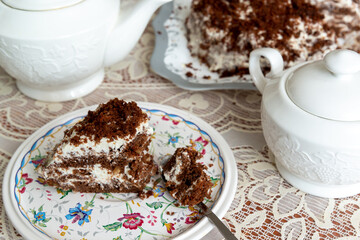 Appetizing homemade cake with coffee biscuit and sour cream
