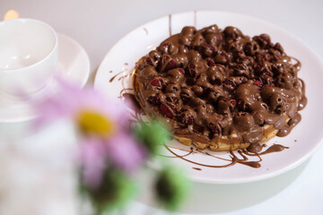 nice wafles with chocolate white background
