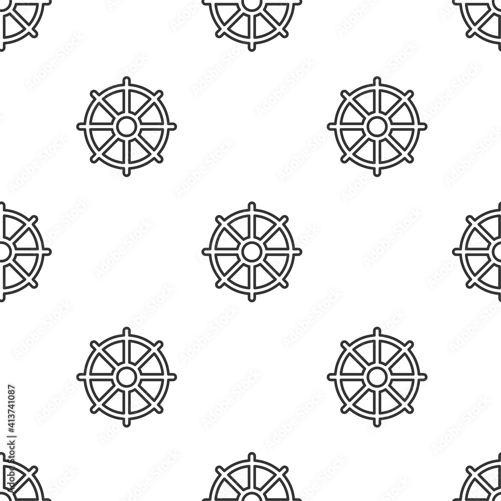 Wall mural grey line dharma wheel icon isolated seamless pattern on white background. buddhism religion sign. d