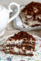 Appetizing homemade cake with coffee biscuit and sour cream