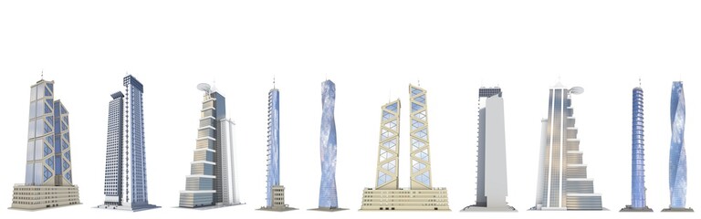 Set of detailed financial tall buildings with fictional design and blue sky reflection - isolated, different angles views 3d illustration of architecture