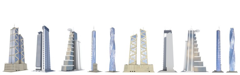 Obraz premium Set of detailed financial tall buildings with fictional design and blue sky reflection - isolated, different angles views 3d illustration of architecture
