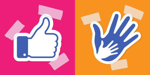 Caring hand applique with a plaster. Thumb up applique. Healthcare medical help hand logo. Emblem parent children. Vector illustration set