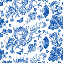 Chinese traditional blue ceramic background. Old school tattoo style. Dragon, queen geisha cat in traditional costume, fan, lotus flower. Ancient oriental culture. China seamless pattern