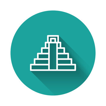 recommend clip art: White line Chichen Itza in Mayan icon isolated with long shadow background. Ancient Mayan pyramid. Famous monument of Mexico. Green circle button. Vector.