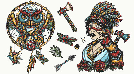 Native American Indian color old school tattoo vector collection. Ethnic warrior girl, shamanic female, dream catcher, owl. Tribal culture and history. Traditional tattooing style