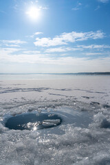 Ice hole in a frozen lake