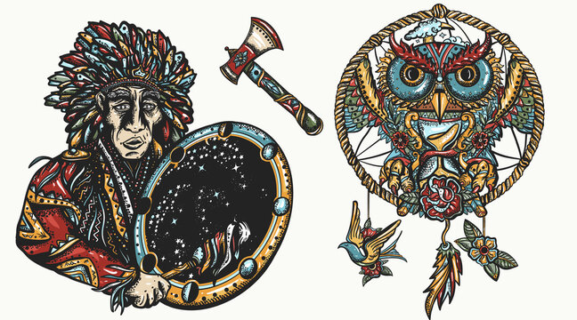 Native American Indian, color old school tattoo vector collection. Tribal culture and history. Traditional tattooing style. Ethnic warrior, dream catcher, owl and old cherokee shaman
