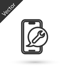 Fototapeta premium Grey line Mobile phone with wrench icon isolated on white background. Adjusting, service, setting, maintenance, repair. Vector.