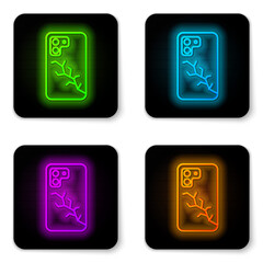 Glowing neon line Smartphone with broken screen icon isolated on white background. Shattered phone screen icon. Black square button. Vector.