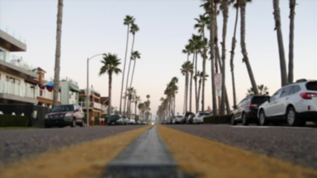 Defocused road with palm trees in California, Oceanside tropical beach resort, USA. Waterfront street near pacific ocean. American summertime, Los Angeles Hollywood aesthetic. Yellow dividing line.