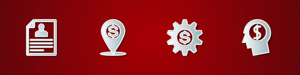 Set Resume, Cash location pin, Gear with dollar symbol and Business man planning mind icon. Vector.