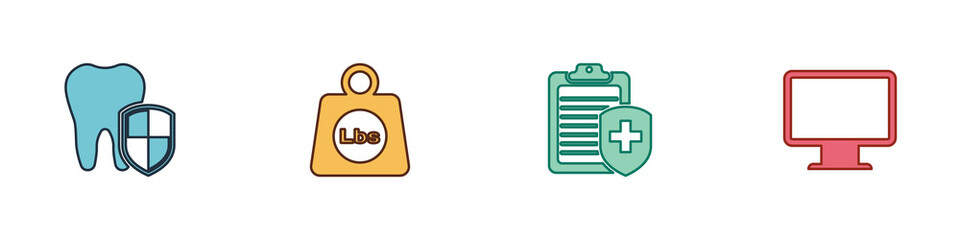 Set Dental protection, Weight pounds, Clipboard with medical insurance and Computer monitor screen icon. Vector.
