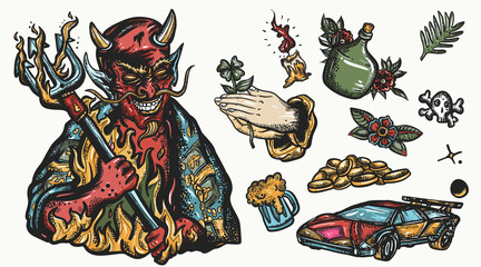 Fototapeta na wymiar Devil. Angel and demon concept. Hell art. Terrible satan with pitchforks. Old school tattoo vector collection. Sin and holiness