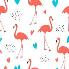 Seamless pattern with exotic pink flamingos on a white background. Birds for printing on fabric, textiles, paper, bedding. 