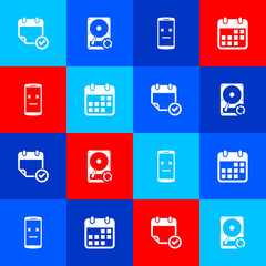 Set Calendar with check mark, Hard disk drive HDD sync refresh, Dead mobile and icon. Vector.
