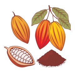 Illustration of whole cocoa bean, ripe cocoa and cocoa powder 