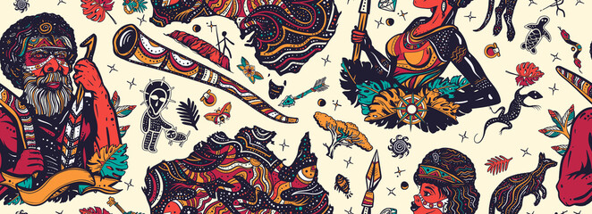 Australia pattern. Boomerang, rock painting, kangaroo, didgeridoo, map. Old school tattoo seamless background. Ethnic Australian woman in traditional costume. Aboriginal tribes bushmen
