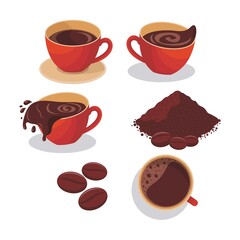 Illustration of a coffee in red mug, coffee from top, coffee powder, coffee beans and spilled coffee