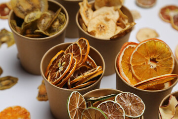 Dried fruit on colored background. Pattern of a fruit frips. Healthy eating
