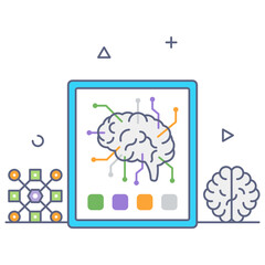 
Brain with nodes denoting flat conceptual icon of neural network 
