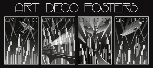 Art Deco Style Poster Set, Transport and Cityscapes Black and White Placards © koyash07