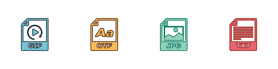 Set GIF file document, OTF, JPG and TXT icon. Vector.