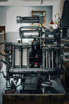 High angle view of screen printing press in factory