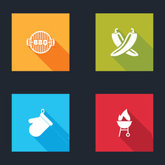 Set Barbecue grill, Crossed hot chili pepper pod, Oven glove and icon. Vector.