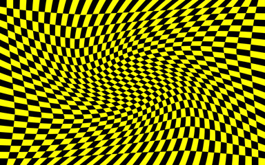 Black and yellow distorted checkered pattern background. Vector illustration of black and yellow squares. Torsion, twist, rotary deform, gyration, revolve checkerboard graphic. Wasp, bee concept.