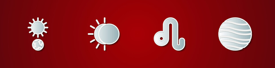 Set Solstice, Eclipse of the sun, Leo zodiac and Planet Jupiter icon. Vector.