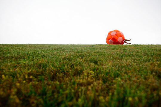 Mother and daughter rolling inside zorb ball on grassy field against clear sky