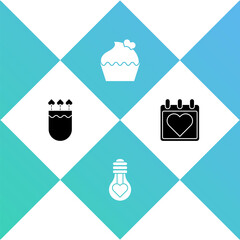 Set Quiver and arrows with heart, Heart shape in light bulb, Wedding cake and Calendar icon. Vector.