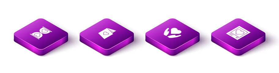 Set Isometric Heart in the center hourglass, Valentines day flyer with heart, hand and Photo frames hearts icon. Vector.